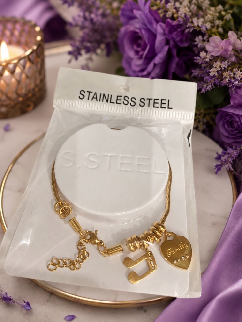 Gold Stainless Steel Family Music Charm Bracelet | Adjustable | New